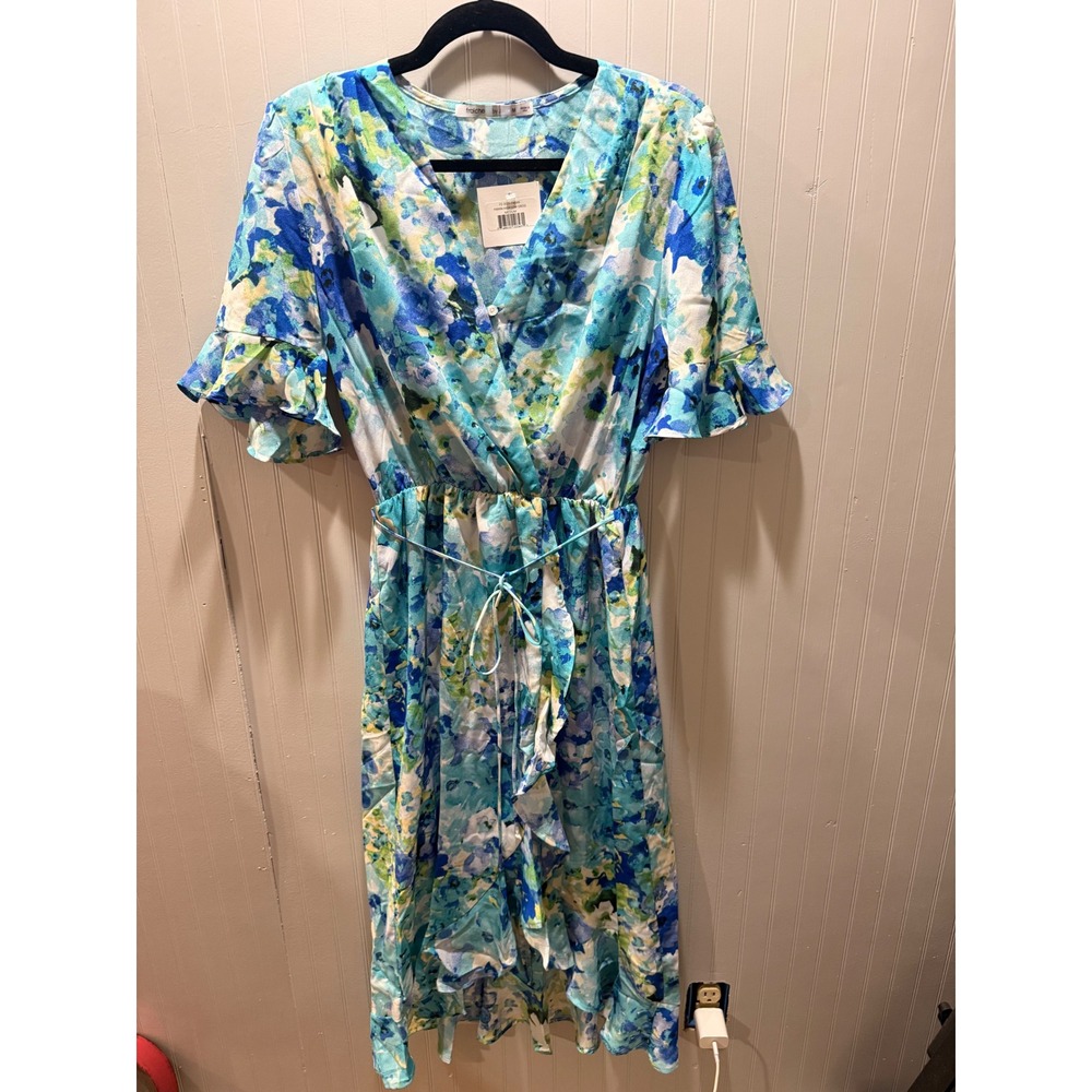 Fraiche by J Paran High Low Dress Blue Green Floral Watercolor Ruffle Midi M NEW